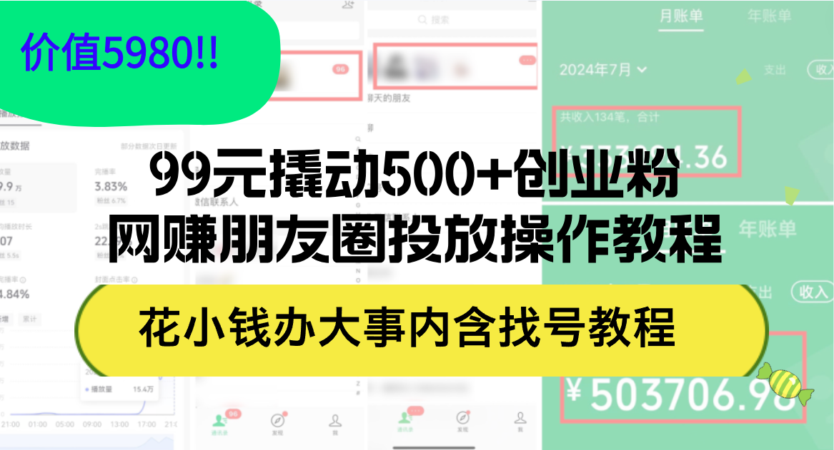 （12431期）99元撬动500+创业粉，网赚朋友圈投放操作教程价值5980！花小钱办大事内…-聚富网创