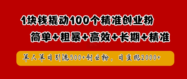 1块钱撬动100个精准创业粉，简单粗暴高效长期精准，单人单日引流500+创业粉，日变现2k【揭秘】-聚富网创