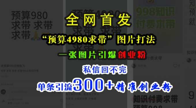 小红书“预算4980带我飞”图片打法，一张图片引爆创业粉，私信回不完，单条引流300+精准创业粉-聚富网创