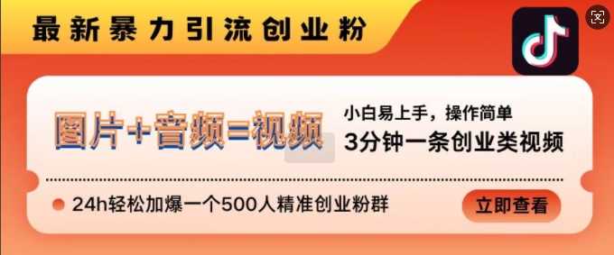 抖音最新暴力引流创业粉，3分钟一条创业类视频，24h轻松加爆一个500人精准创业粉群【揭秘】-聚富网创