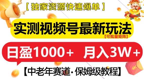 实测视频号最新玩法，中老年赛道，独家资源，月入过W+【揭秘】-聚富网创