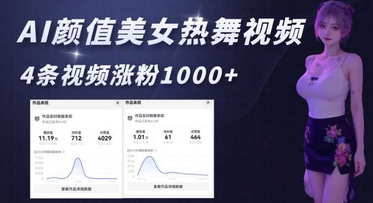 AI颜值美女热舞视频，4条视频涨粉1000+，实测6分钟一条-聚富网创